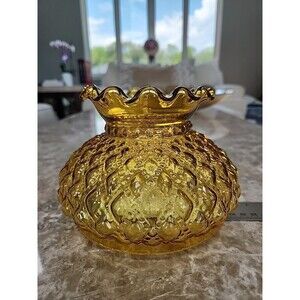 Vintage Amber Diamond Point Quilted Glass Lamp Shade, 6" Fitter